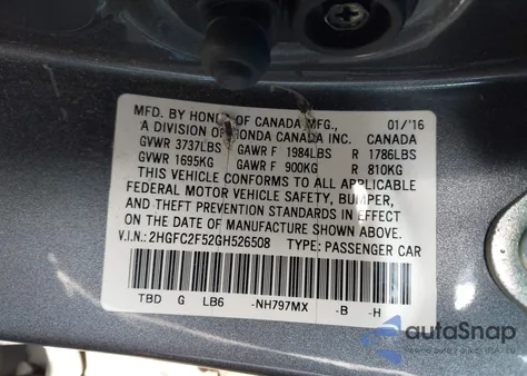 2016 Honda Civic Lx z USA, uszkodzony, nr VIN 2HGFC2F52GH526508